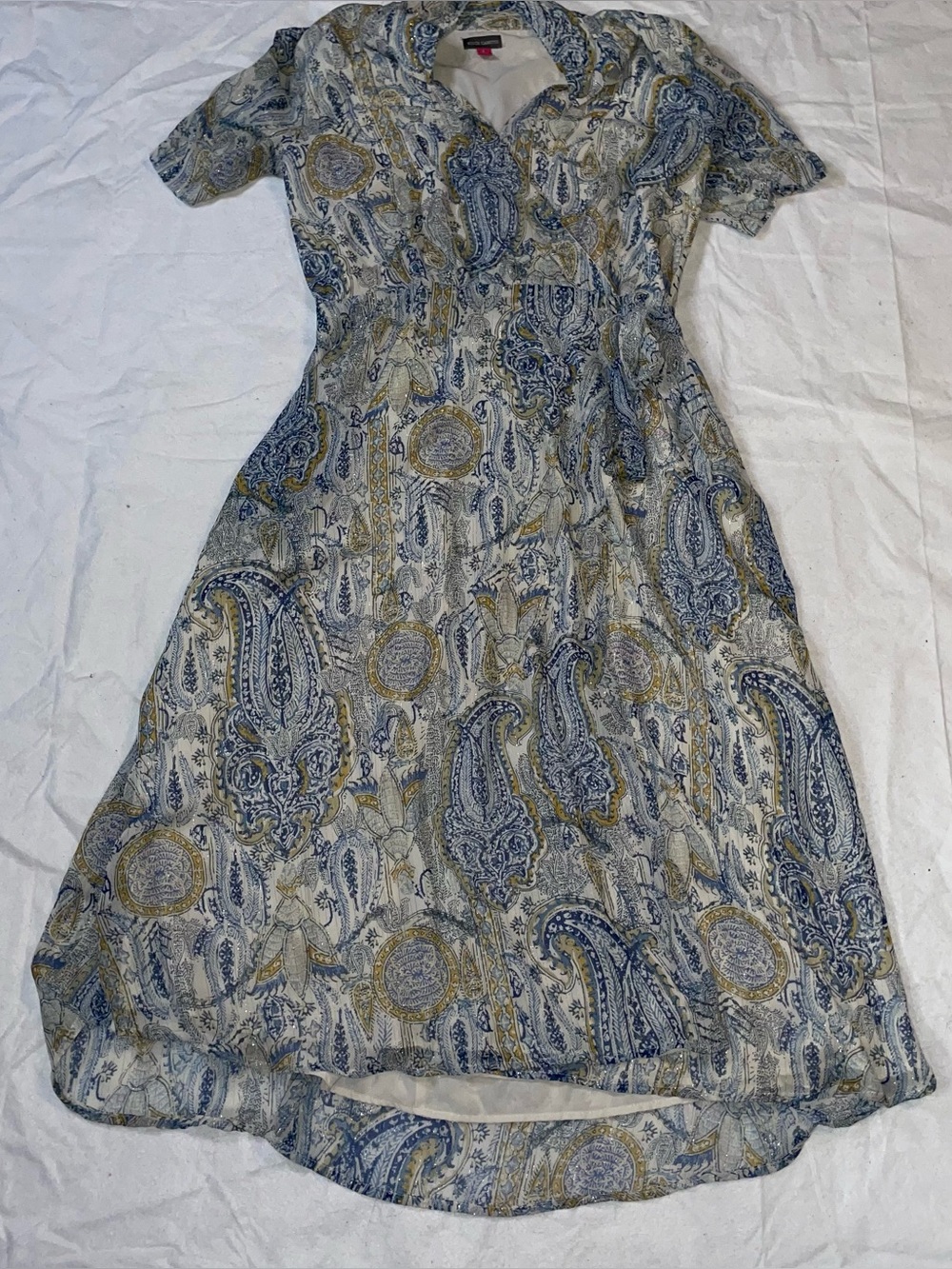 Vince Camuto Yellow Blue Collared Paisley Pattern Shimmer Belted Wrap L Dress